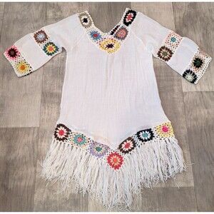 Asha Womens OS Boho Swim Cover Up Tunic Festival Fringe Crochet Artsy Colorful